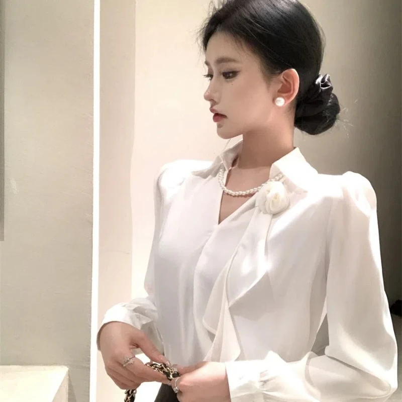 French Loose Chic Button Heavy Lace Cutout Flower Panel Long Sleeve Stand Collar Shirt main image 0
