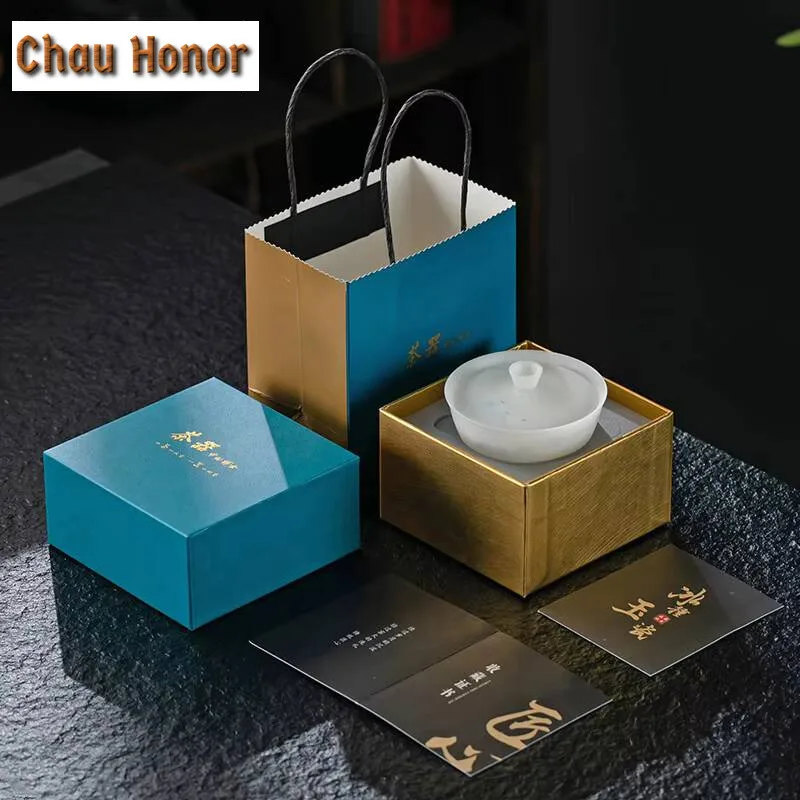 150ml Hand-painted Landscapegaiwan Ice Seed Sheep Fat Jade Porcelain Tea Tureen Tea Maker Cover Bowl Cha Tea Services Gift Box