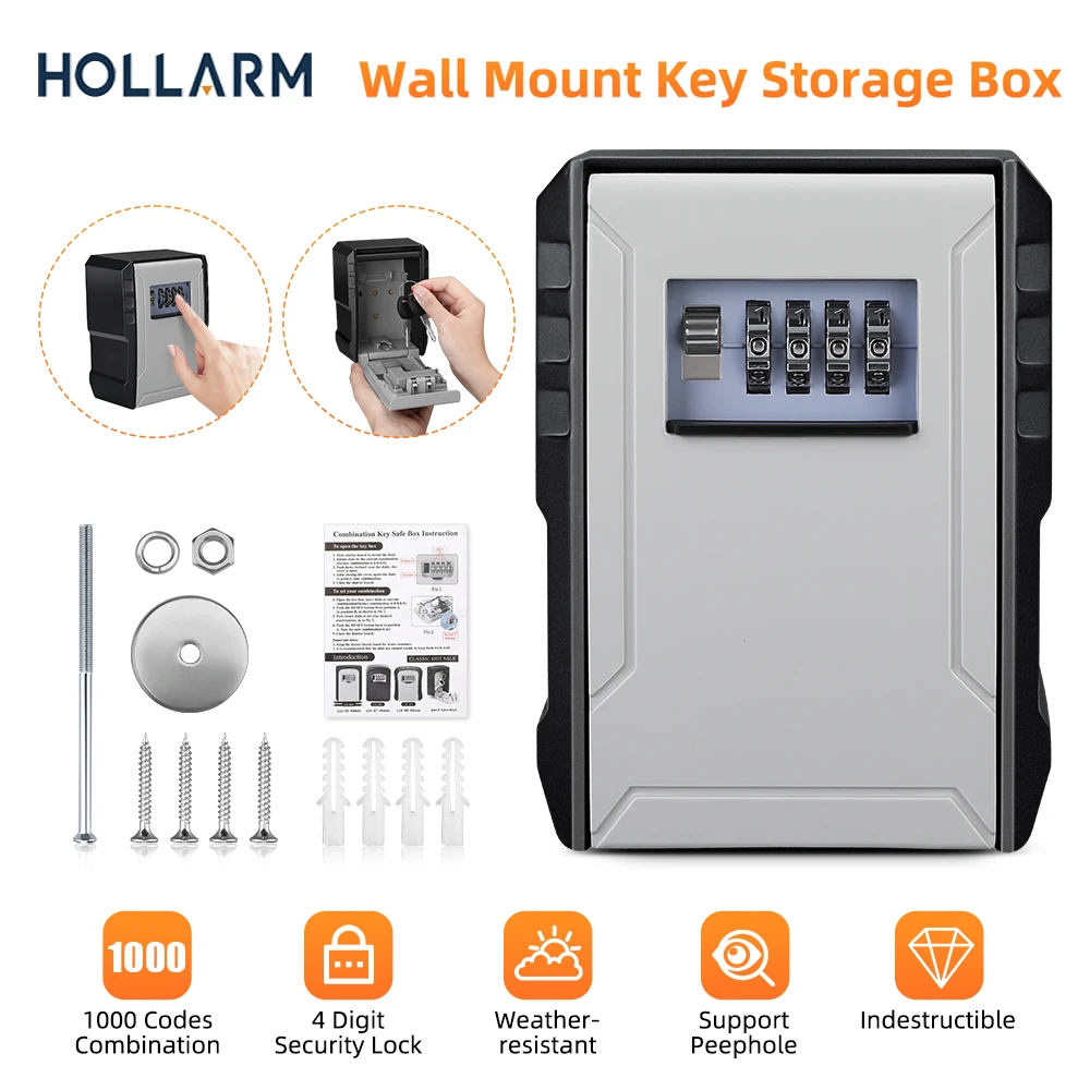 Hollarm Materiale Metallico Password Lock Storage Box Esterno Impermeabile Montaggio A Parete 4 Cifre Password Key Box Antifurto Key Safe Box