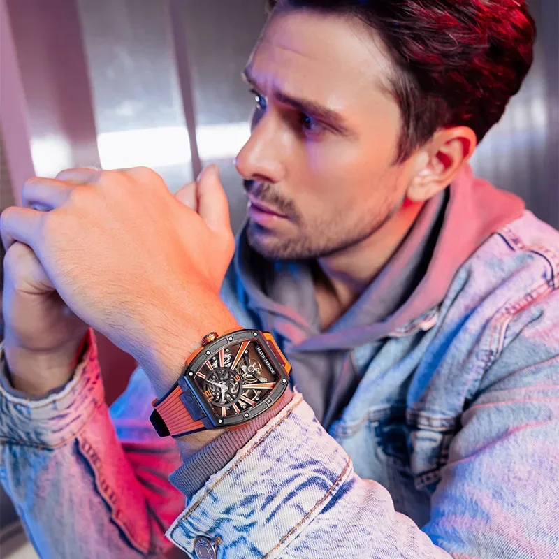 BONEST GATTI watch men's wine barrel shaped fully automatic hollow mechanical watch carbon fiber sports