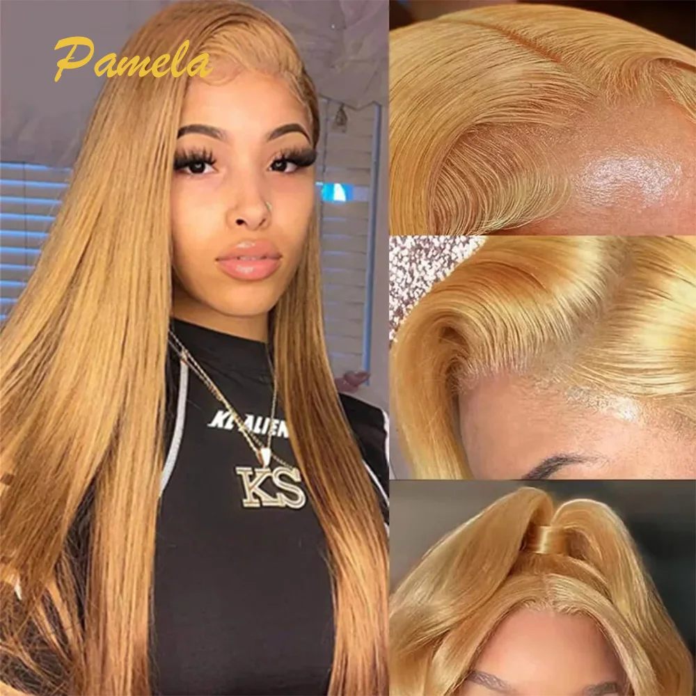 Honey Blonde 13x4 Straight Transparent Lace Frontal Human Hair Wig 250% Density Glueless Preplucked Human Hair Woman Wigs