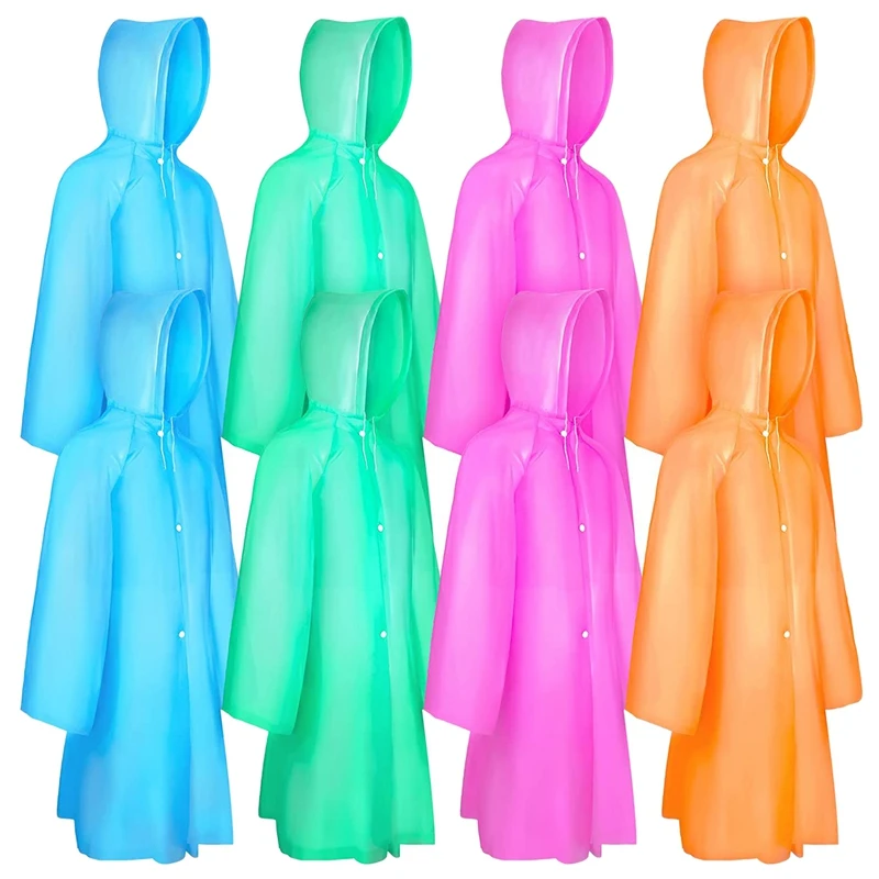 8 Pack Kids Raincoat Portable Reusable Rain Poncho Jacket Ponchos Family Pack With Hoods&Sleeves For Outdoor Activities