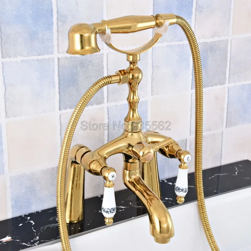 

Bathtub Faucets Polished Golden Luxury Deck Mounted Telephone Style Clawfoot Tub Mixer Tap with Handheld Spray Shower Ltf788