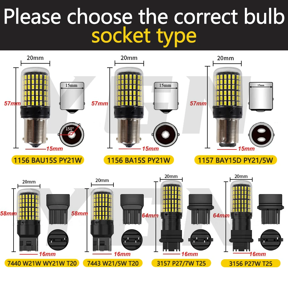 50개 1156 BA15S P21W BAU15S PY21W 7440 W21W P21/5W 1157 BAY15D 7443 3157 LED 전구 144SMD 캔버스 램프 후진 방향지시등