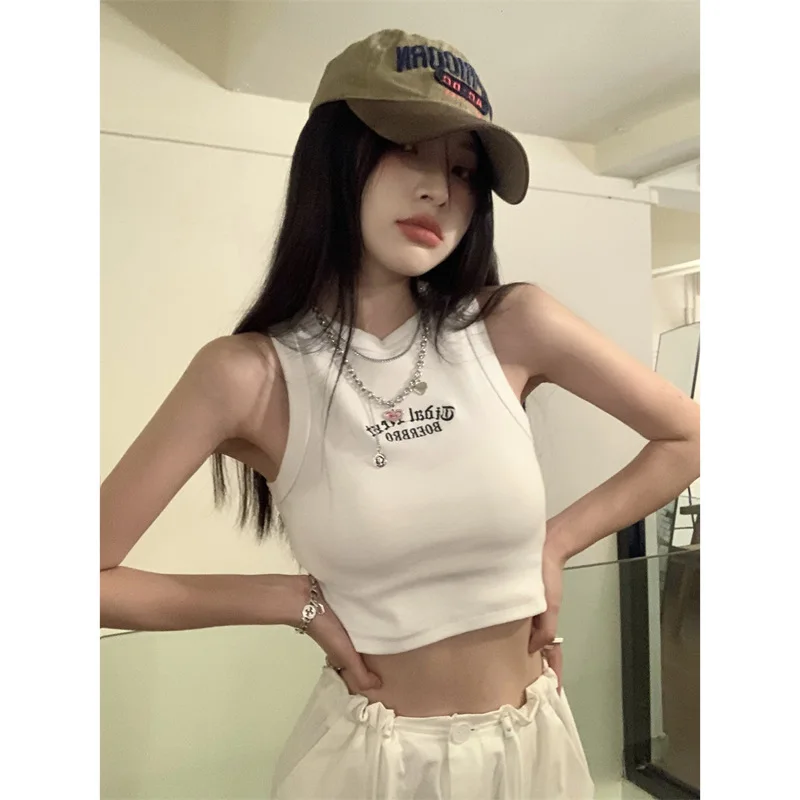 

Girl Style Letter Embroidery Sleeveless Tank Top T-shirt With Chest Pad Women's Summer New Slim Fit Short Open Navel Bottom Top