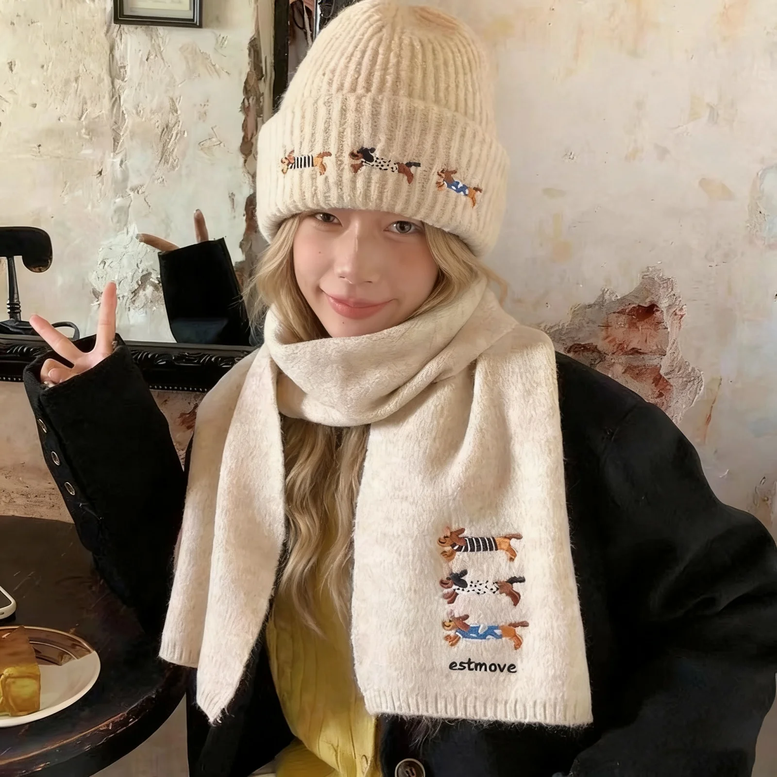 Dog Embroidery Hat Scarf Set, 2-in-1 Knit Winter Warm Set,Cute Animal Pattern Accessories, Stylish Women's Cold Weather