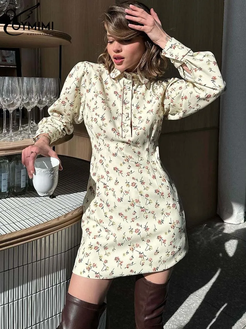 

Oymimi Fashion Beige Print Womens Dresses Elegant Button Long Sleeve Lapel Dresses Summer Straight Mini Dress Female Clothing