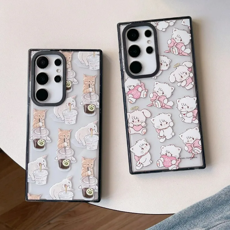 

Cute Cat Coffee Acrylic Black Border Case for Samsung Galaxy S22 S23 S24 Ultra S22+ S23+ S24 Plus Cover Protective Shell