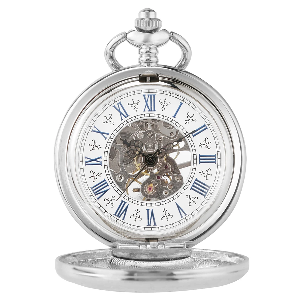 The Silvery Pocket Watch features a white face, skeleton dial with visible gears, and blue Roman numerals, displayed open on a silver base.