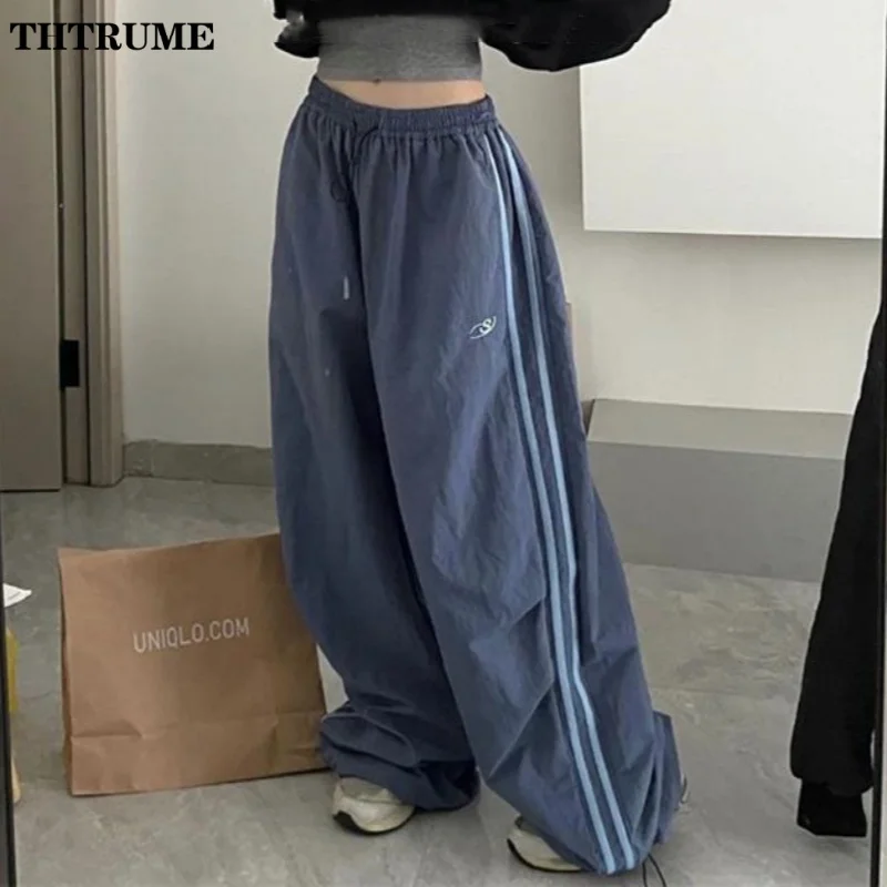Oversized Hip Hop Baggy Pants Fashion Women Striped Pocket Elastic High Waist Cargo Pant Streetwear Sweatpant Loose New Trousers 4