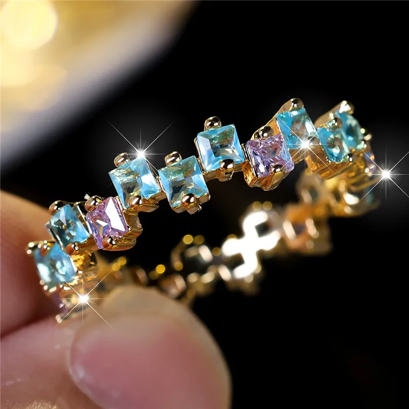 Cute Female Blue Purple Zircon Stone Square Engagement Ring Gold Color Wedding Jewelry For Women