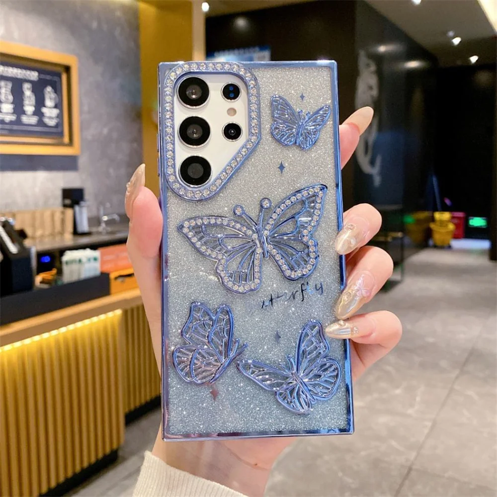Cute Cartoon 3D Butterfly Diamond Glitter Gradient Phone Case with Plating Trim