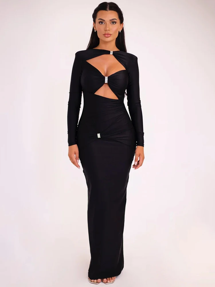

Mozision Elegant Hollow Out Long Sleeve Sexy Maxi Dress For Women Solid Color Slim Fit Cut Out Club Party Long Dress New