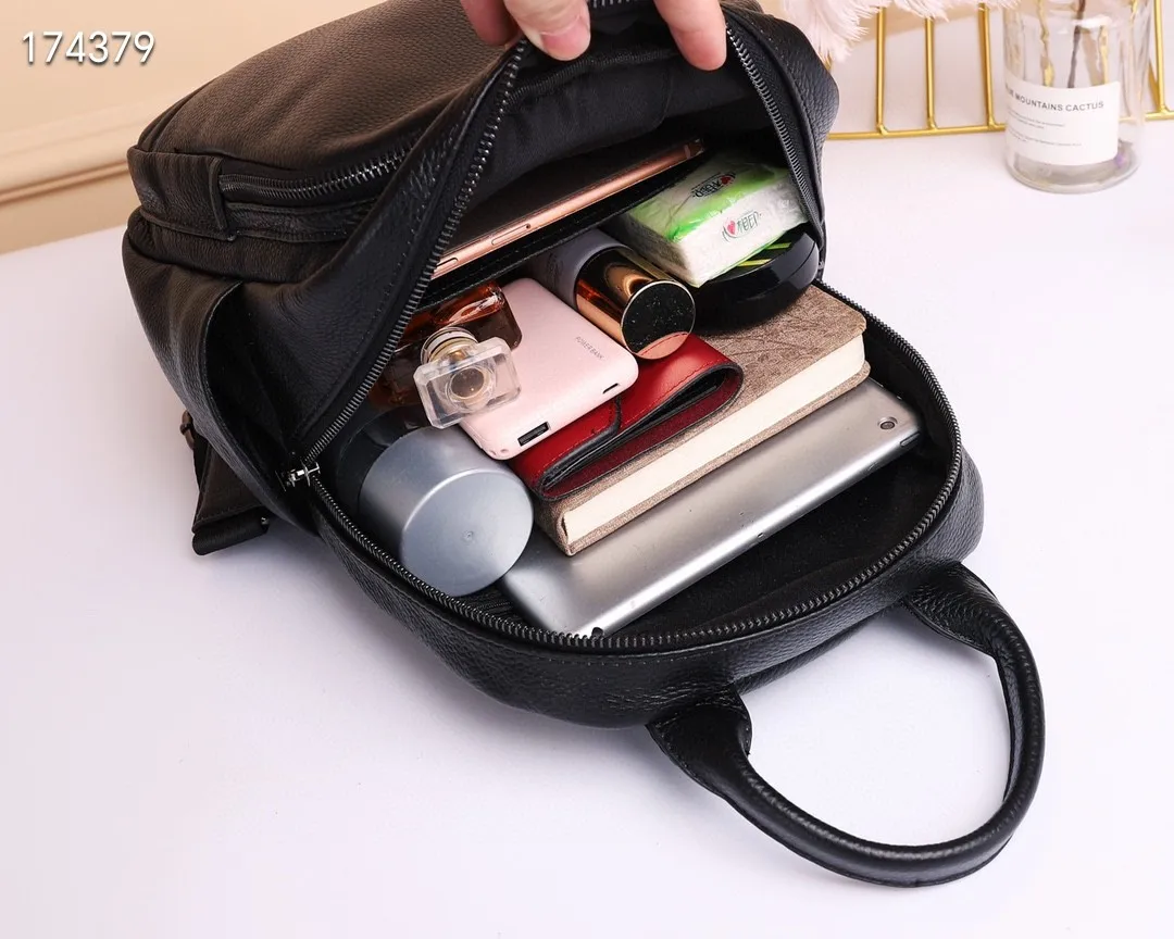 Schwarz Echtes Kuh Leder Rucksack Frauen Casual Anti-diebstahl Damen Echtes Leder Schulter Tasche Solide Muster Mädchen Schule Bagpack – Detail 10