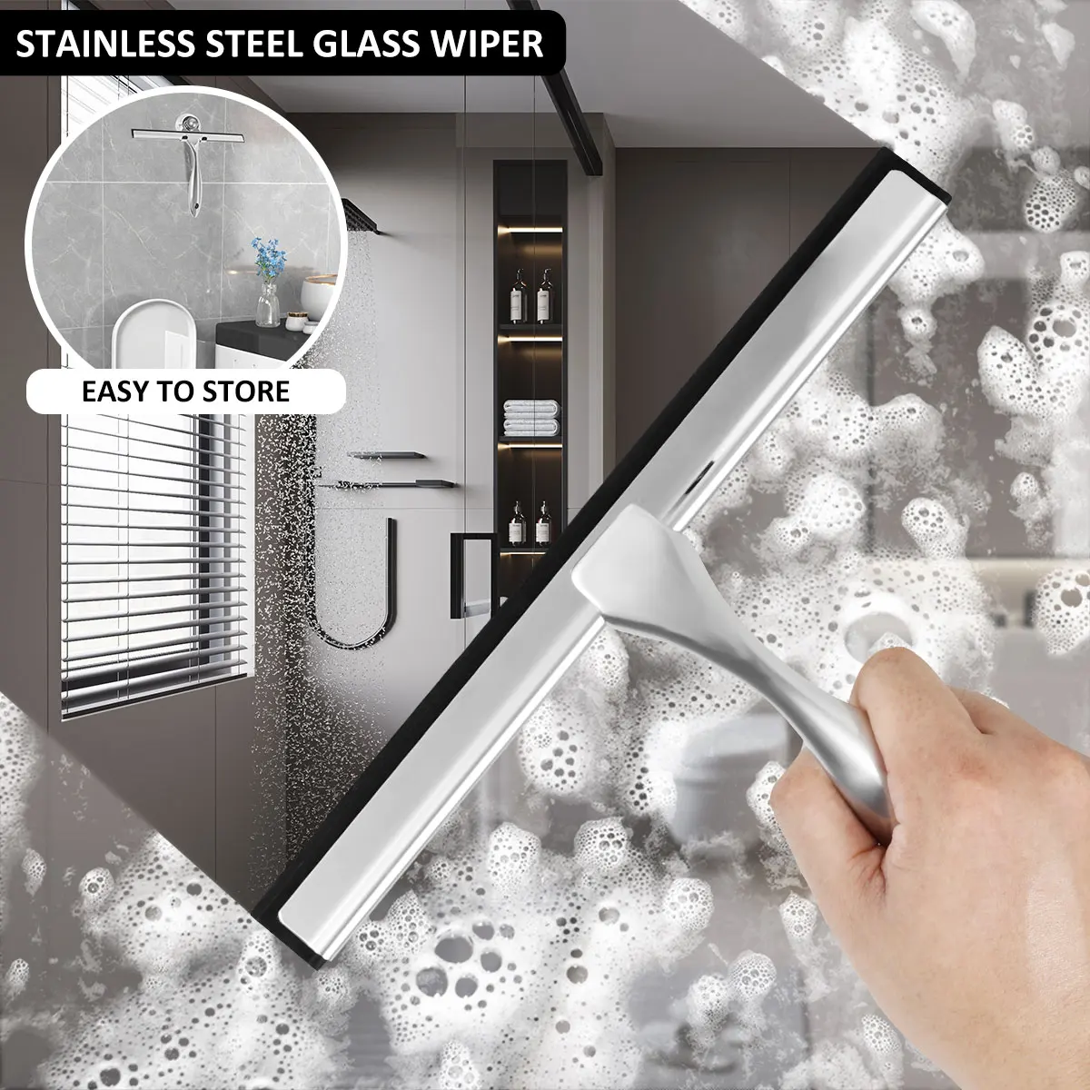 Window Cleaning Squeegee Cleaning Squeegee Window Cleaning Tool Shower Squeegee Stainless Steel Shower Squeegee with Suction Cup Window Glass Squeegee Multi-Purpose Cleaning Tool For Bathroom Kitchen Car