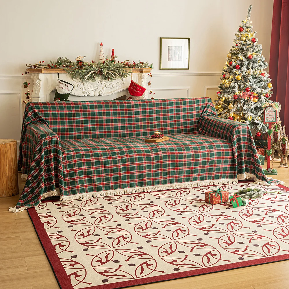 71x118in Retro pastoral tassels New red and green Scottish Plaid Christmas sofatowel is suitable for soft touch of two-seat sofa 3