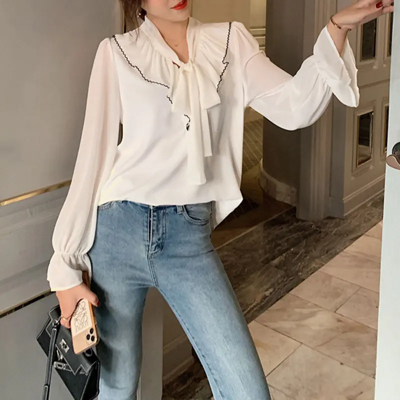 Elegant Fashion Harajuku Slim Fit Female Clothes Loose Casual All Match Tops Solid V Neck Color Block Long Sleeve Chiffon Shirt adult girl female women summer knit straw hat fashion wide brim casual beach sun hat sunscreen block bow cap dm3