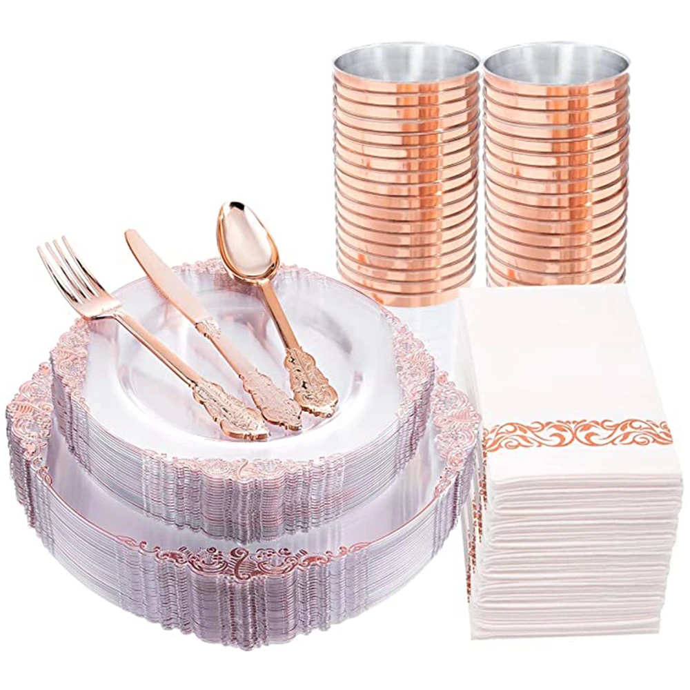 Wegwerp Bestek Set Rose Goud Plastic Diner Plaat Bestek Lepel Servet Set Verjaardag Bruiloft Feestartikelen 10 Mensen| | - AliExpress