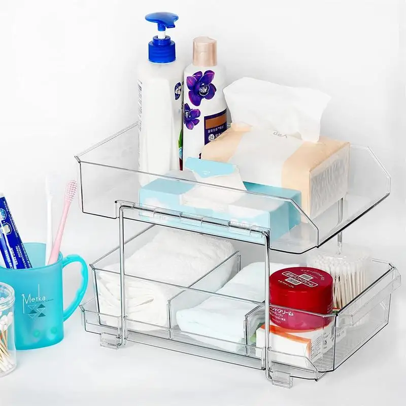 Under The Sink Organizer Two Tier Pull Out Organizer With Drawer  Multi-Purpose Slide-Out Storage Container With Dividers Kitchen