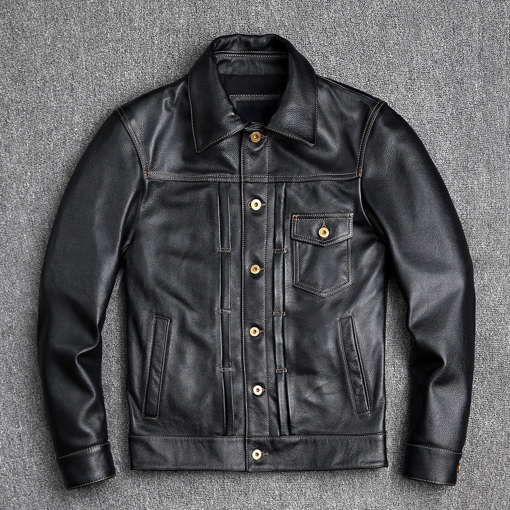Men Leather Jacket Genuine Cowhide Short Coat Slim Lapel Work Clothes Natural Calf Skin Jackets Men Leather Jacket
