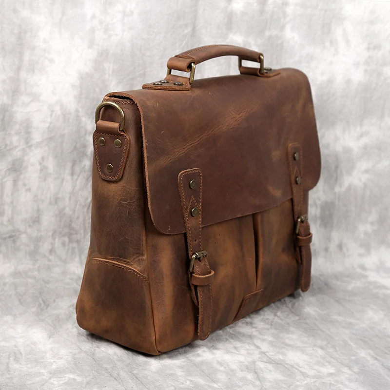 NZPJ Retro Leather Men's Handbag Top Layer Leather Horizontal Computer Bag Crazy Horse Leather Men Casual Shoulder Messenger Bag