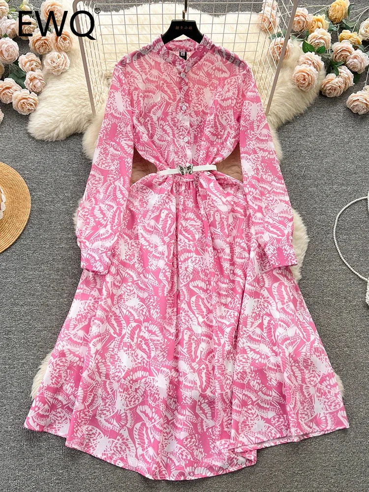 

EWQ Stand Single-breasted Contrast Color Print With Belt High Waist Vestidos Sweet Style Women's Dress Winter Spring 2024 New