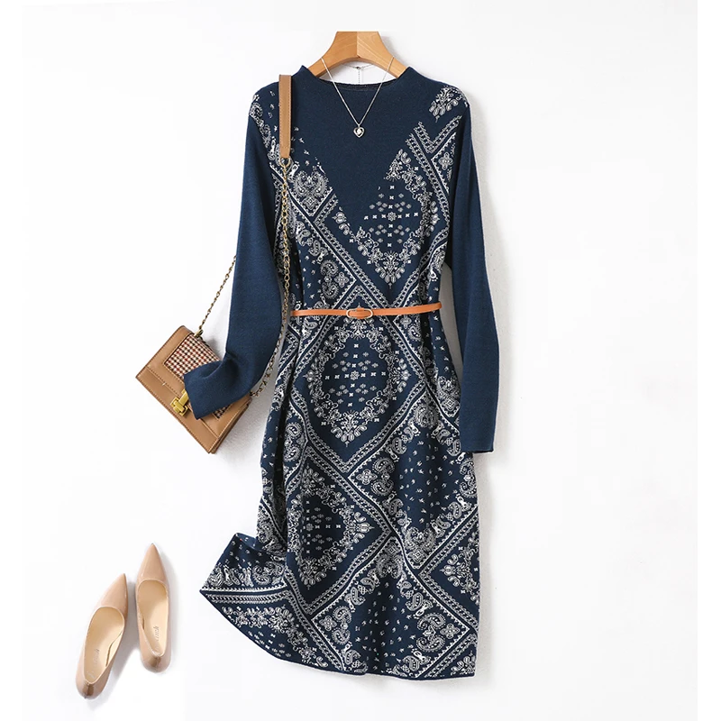 

Women's Belt Blue Jacquard Knee Length Knitted Dresses Office Lady Retro Elegant Comfortable Simple Dresses Wool 100