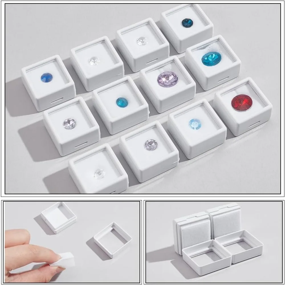 Gemstone Display Boxes White Plastic Square Jewelry Display Lids and Sponge for Bare Stone Naked Diamond 12 Pcs 1.2x1.2x0.6 Inch