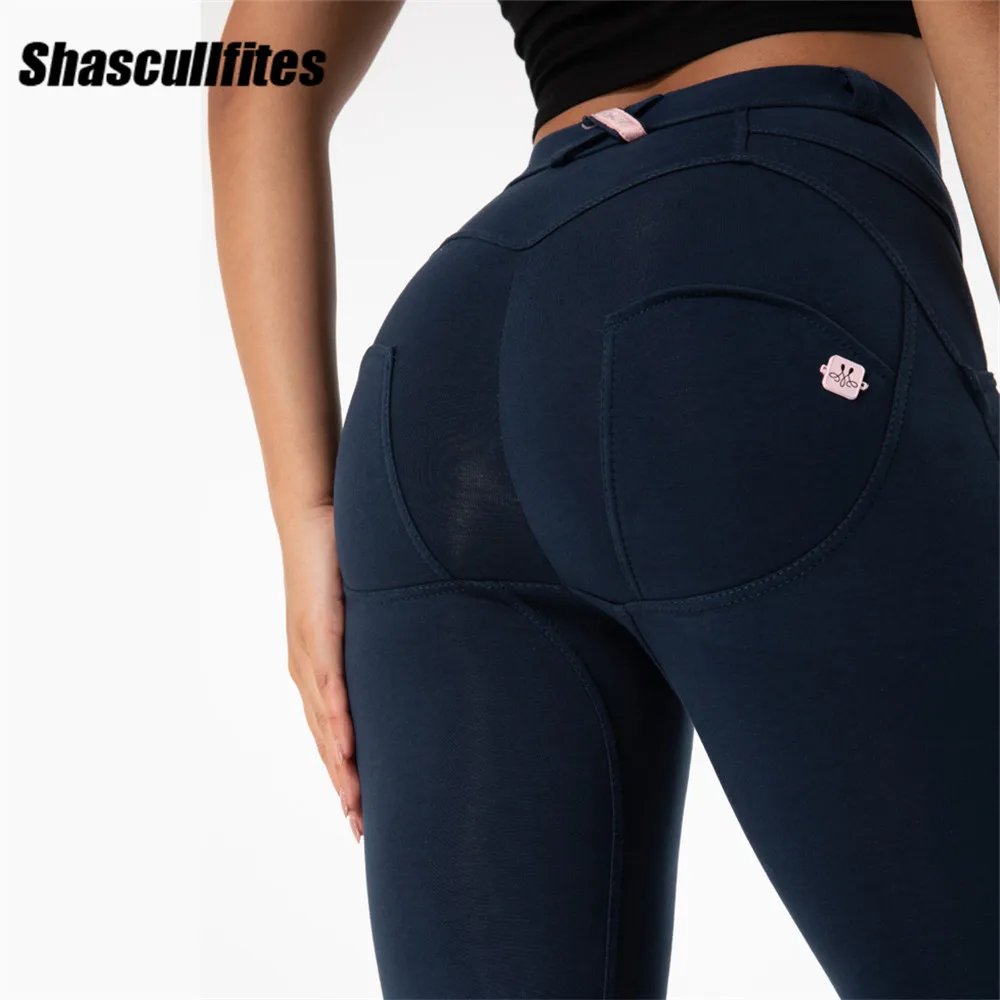 Shascullfites Gym And Shaping Navy Blue Elastic Yoga Pants Training Tights Women Push Up Hip Sports Leggings