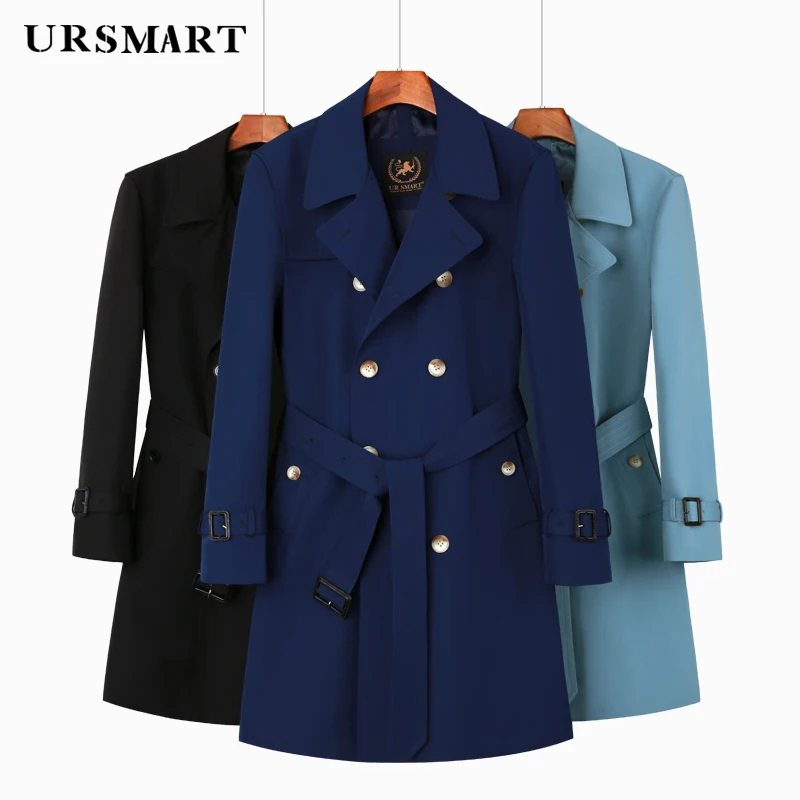 

Long trench coat men’s double breasted British fashion sky blue autumn and winter new double collar loose windbreaker men