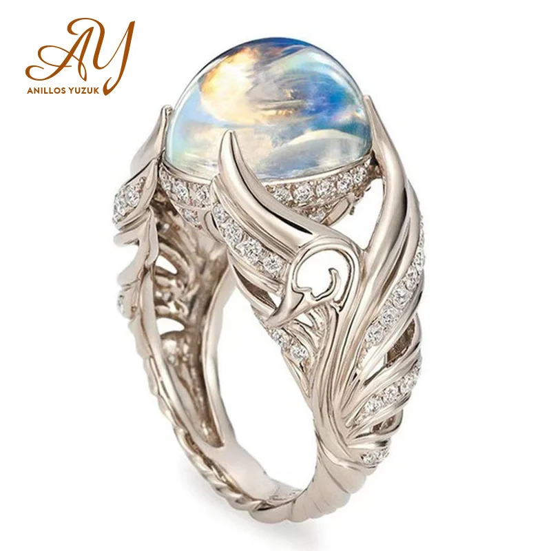 Anillos Yuzuk Silver Jewelry Ring Vintage Colorful Big Circular Cut Ring Women Angel Wings Moonstone Femme Jewelry Silver Rings Silver Ring
