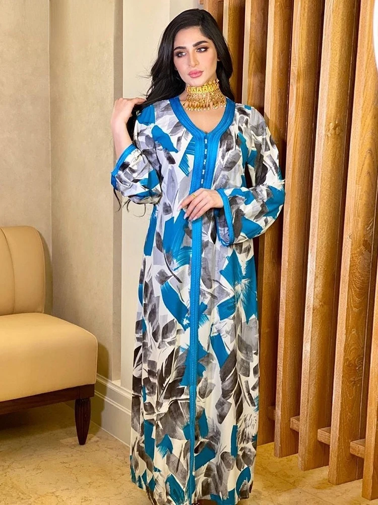 

Printing Ethnic Abaya Dress for Women Dubai V-Neck Long Sleeve Muslim Middle Eastern Turkey Arabic Robe Islamic Clothes Kameez