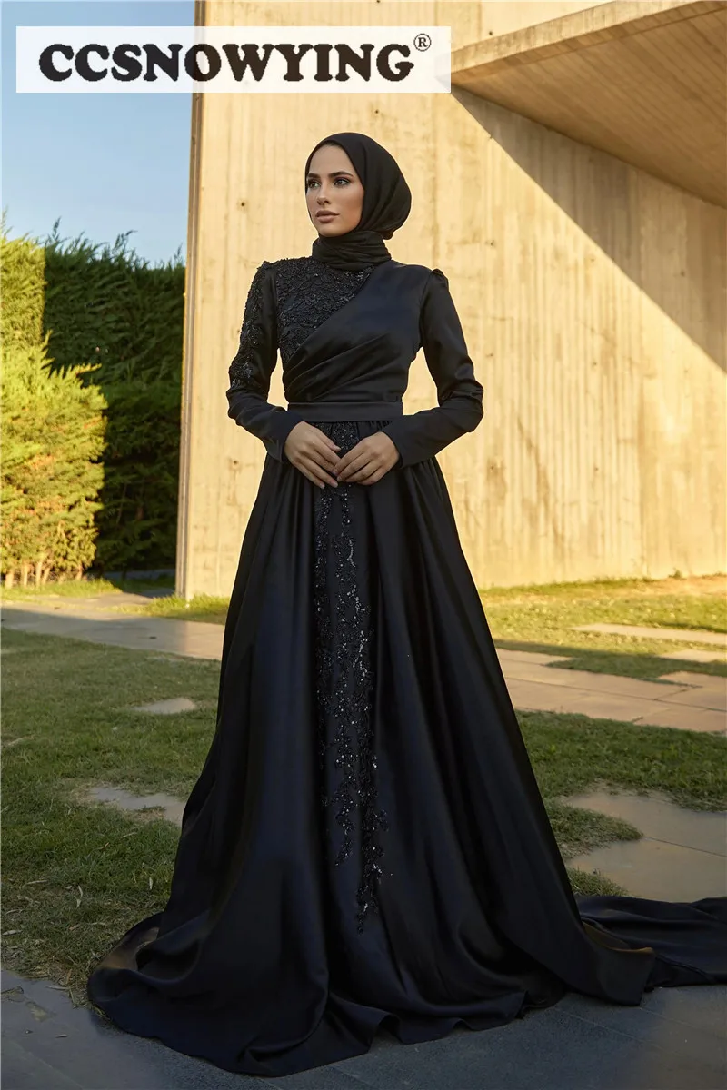 

Black Long Sleeve Muslim Hijab Evening Dresses Satin Appliques Islamic Formal Party Gowns Women Arabic Kaftan Robes De Soirée