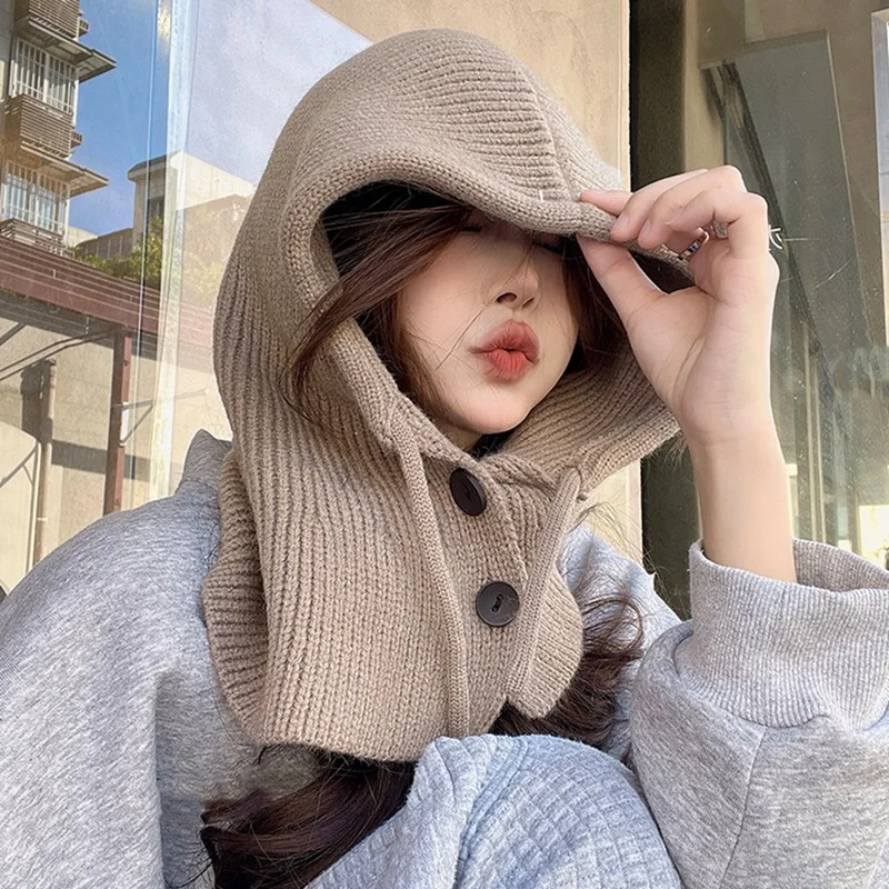 Winter Hat With Hood & Scarf Knitted Balaclava Beanie For Women & Girls Warm Breathable Adjustable-Grey High Guality