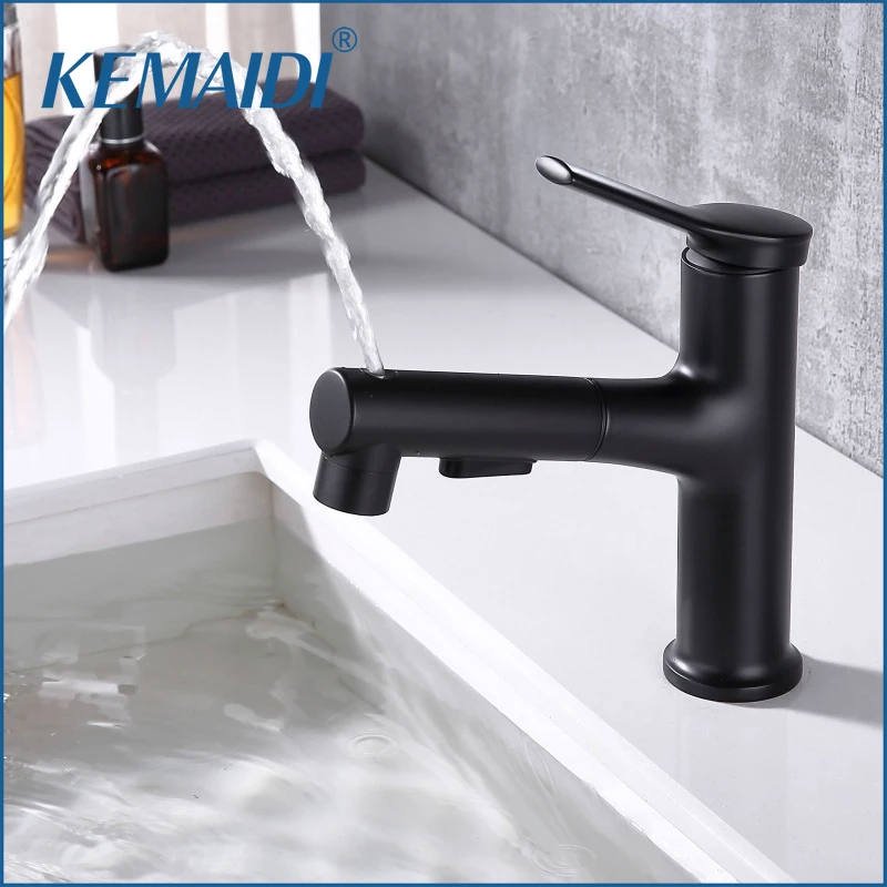 

KEMAIDI Pull Out Bathroom Basin Sink Faucet Hot Cold Water Mixer Tap 3 Function Black Faucets Crane with Spray Deck Mounted