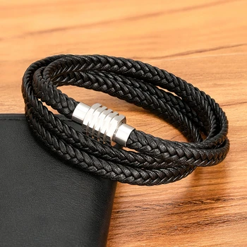 40cm Braided Double Layer Brown Leather Bracelets Stainless Steel Magnetic Clasp