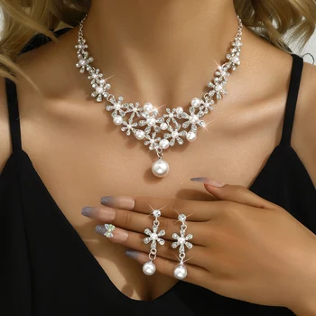 3pcs Women’s Jewelry Set Pearl Rhinestone Necklace Earrings Bridal Wedding Accessories