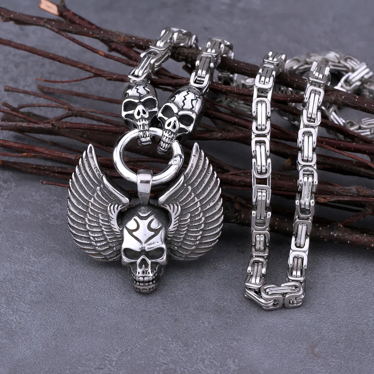 Stainless Steel Wing Head Skull Pendant with Skull Square Necklace Men's Fashion Gothic Pendant Necklace Biker Hip Hop Jewelry
