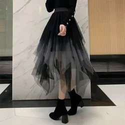 MOONBIFFY 2023 New Spring Summer Women Gradient Irregular Mesh Skirt High Waist Patchwork Skirts Party Petticoat Casual Clothing