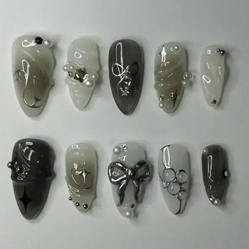 24Pcs False Nails Spicy Girl Silver Bow with Diamond Fake Nails with Glue Almond Press on Nails Black Cool Y2k Almond Nail Set 1