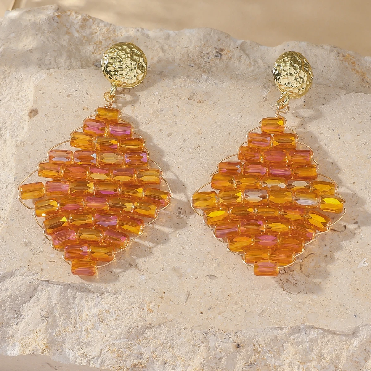 Boho Elegant Geometric Crystal Beads Earrings for Women Ladies Handmade Trendy Metal Drop Earrings Summer Party Jewelry Gifts