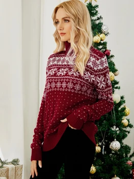 Women s Christmas Snowflake Knitted Sweater Long Sleeve High-neck Print Christmas Pullover Knitwear 4