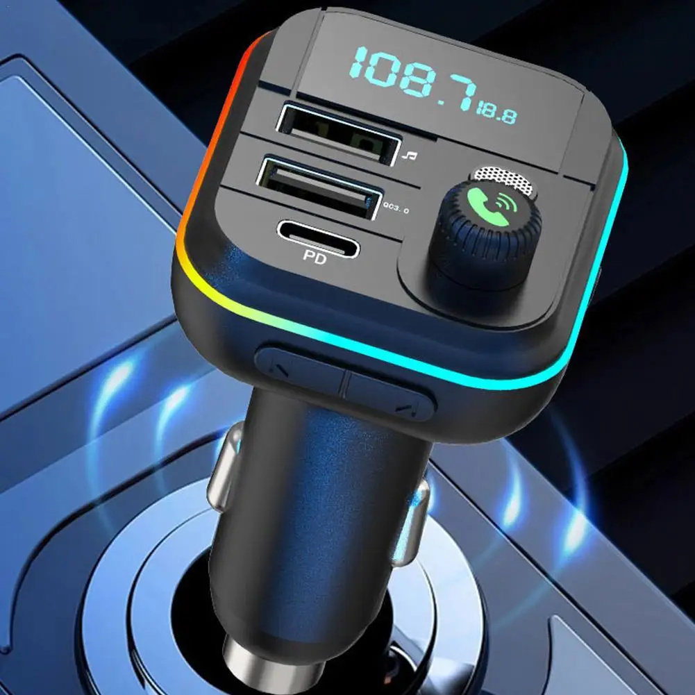 Car Fast Charge Bluetooth 5.0 FM Transmitter PD Dual Player Music Type-C Colorful Ambient MP3 Light Cigarette Lighter USB