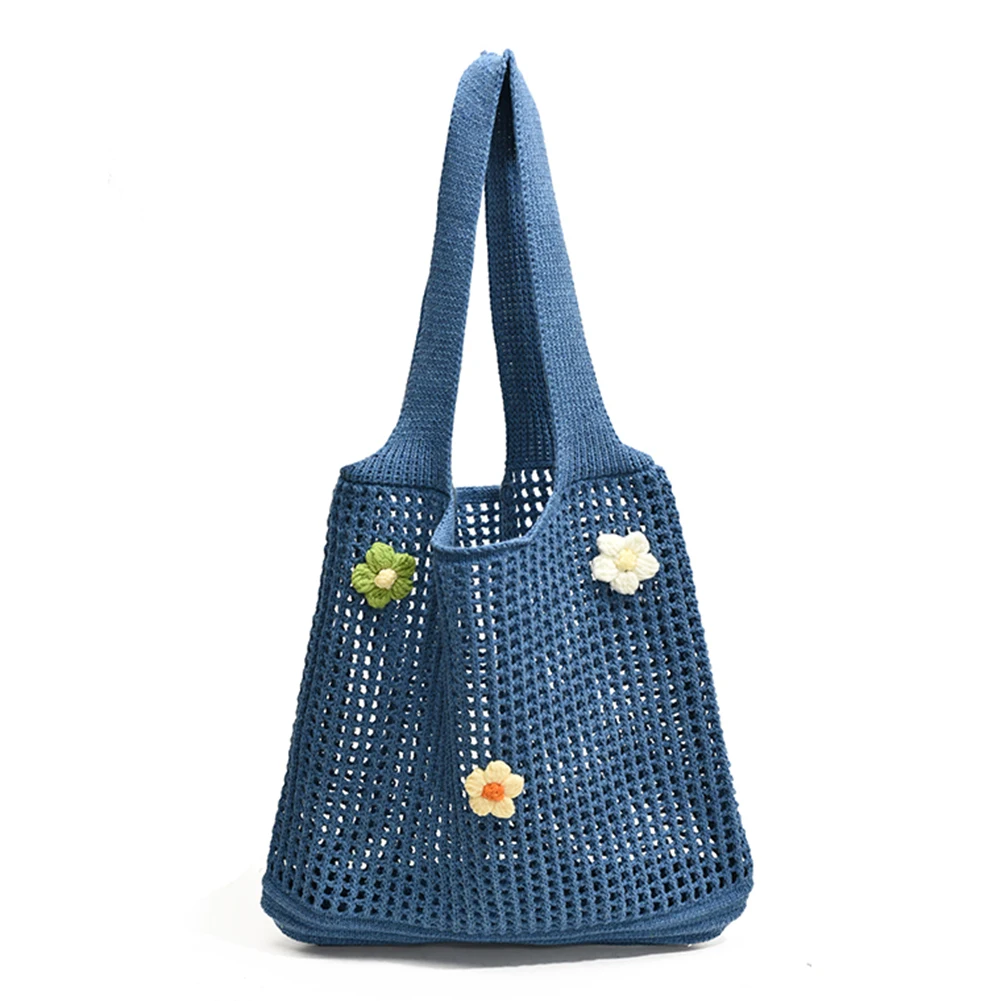 Knitted Tote Bag Woven Hobo Handbag with Flower Decor for Women