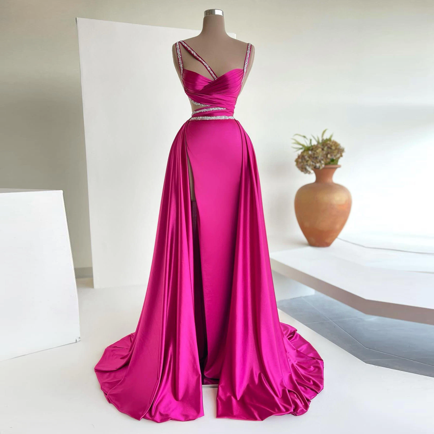 Fuchsia Elegant Exquisite Evening Dress Spaghetti Strap Floor Length