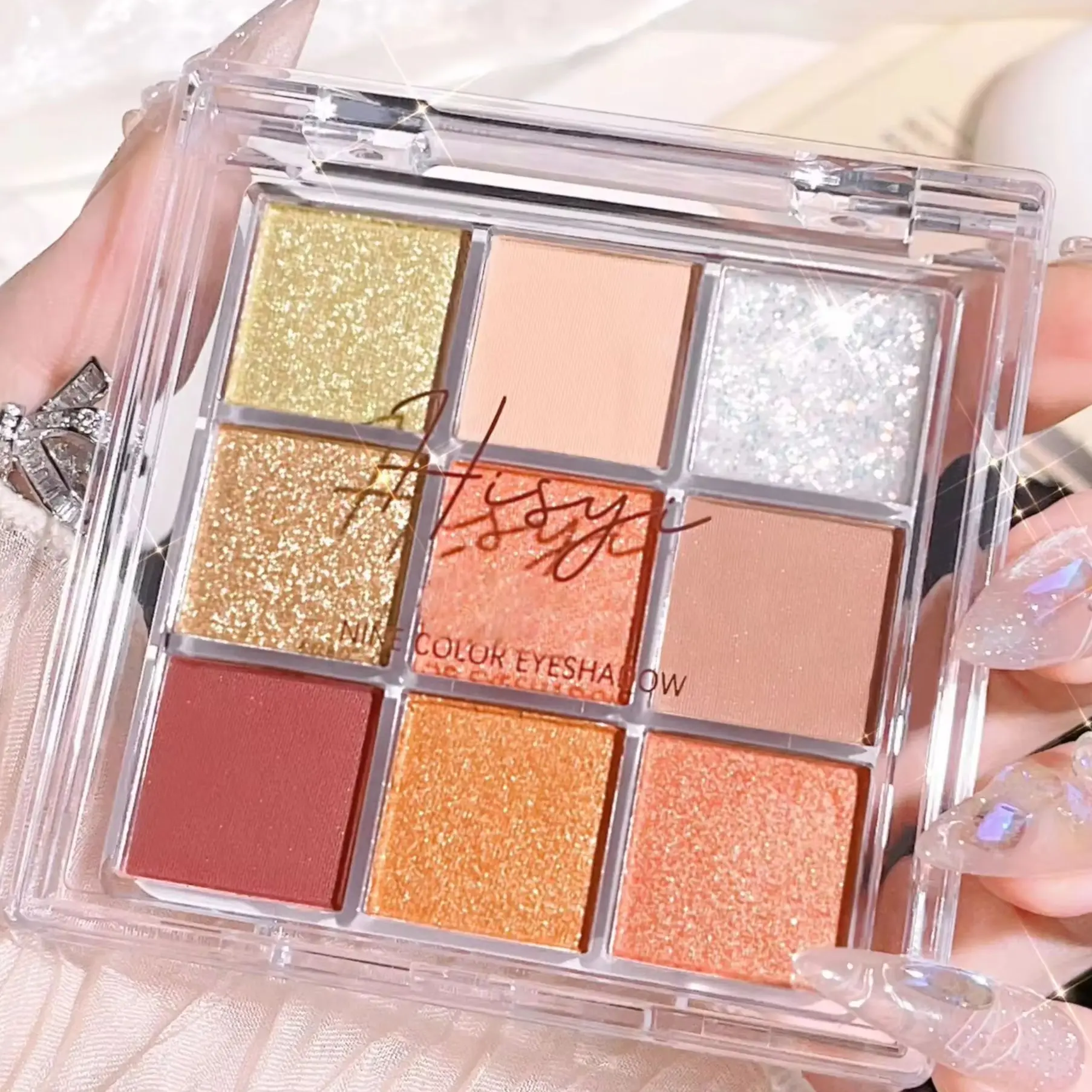 Summer 9 color eyeshadow palette: Orange brown, pink and gold, matte shimmer effect, lasting makeup, keep glitter rose Eyeshadow 5