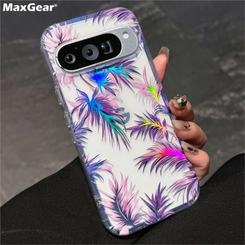 Laser Flower Reflective Shockproof Phone Case with Transparent Floral Print