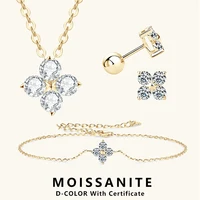 Lnngy 925 Sterling Silver Four Leaf Clover Pendant Necklace Bracelet 3mm 0.1ct Moissanite Stud Earring For Women Jewelry Set