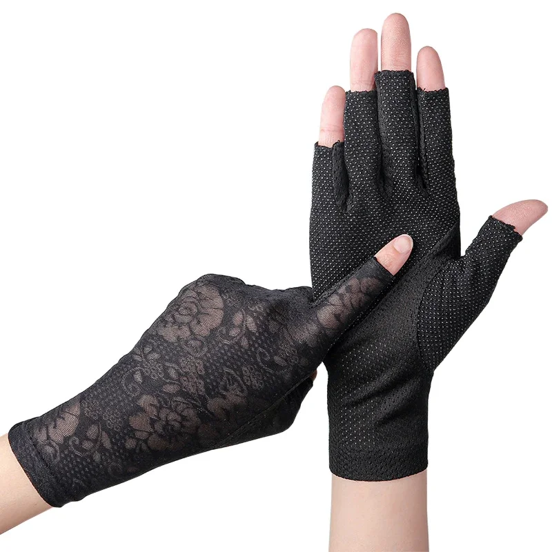 

Summer Women Half Fingers Gloves Thin Stretch Semi-Finger Driving Gloves Anti-Slip Sunscreen Anti-UV Fingerless Glove Mittens