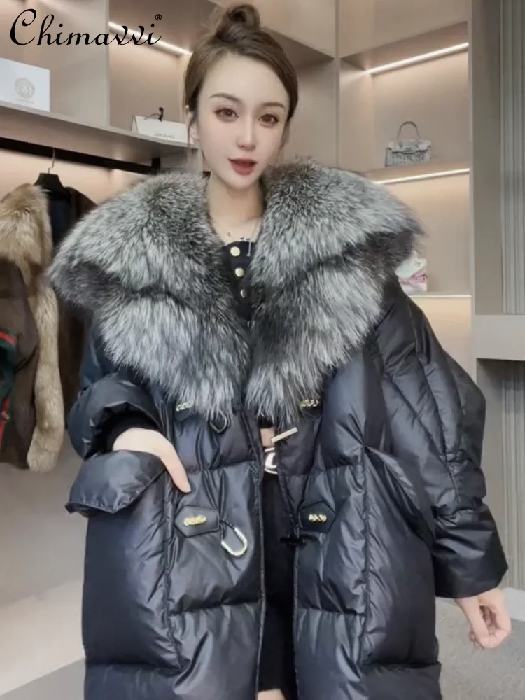 Women's 2024 Winter New High-End Fashion Down Jacket Fur Silver Fox Big Fur Collar Thick Warm Long Sleeves Elegant Down Coats
